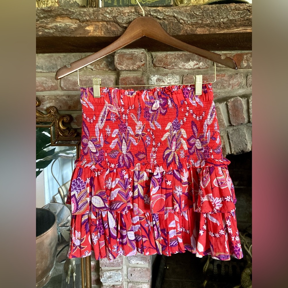 SUNDRY Red & Purple Floral Tiered Ruffle Mini Skirt Cottagecore Boho Festival - Picture 7 of 14